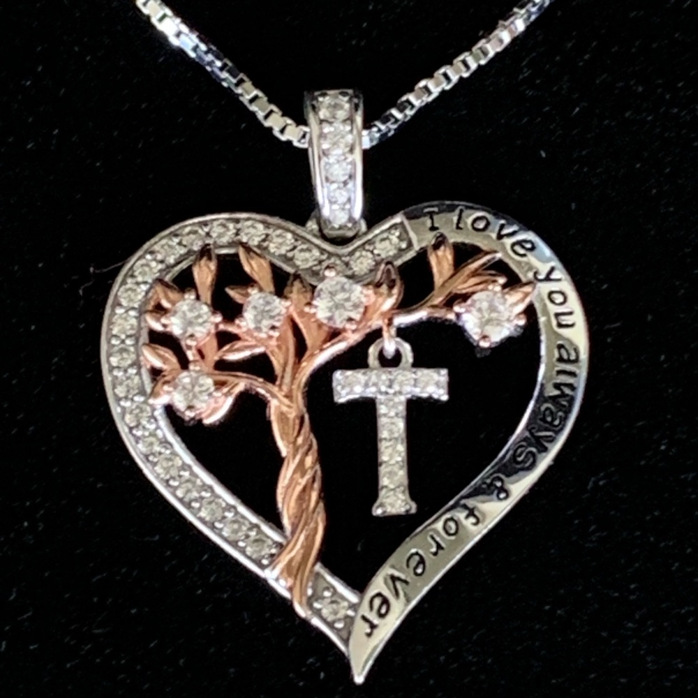 Tree of Life Heart Pendant Necklace with Initial T